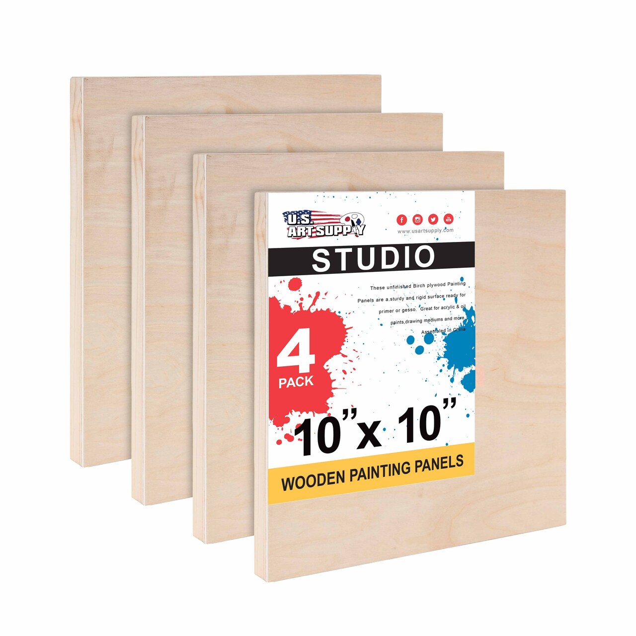 Unfinished Cradled Wood Panels for Painting, 4 Pack of 10x10 inch - Studio Birch Wooden Canvas Boards 3/4" Deep - Mixed-Media Craft, Acrylic, Oil, Encaustic, Paint Pouring Panel Board